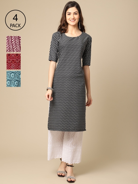 

Ethnic basket Stylish Women's Crepe Printed Straight Kurta (Pack of 4), Black