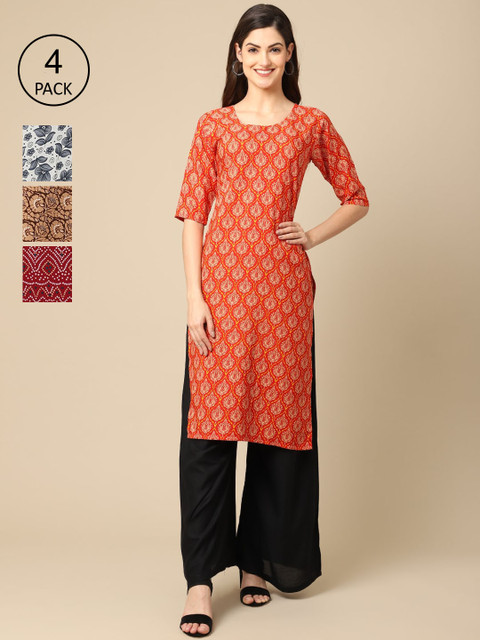 

Ethnic basket Women Pack Of 4 Floral Printed Crepe Kurta, Orange
