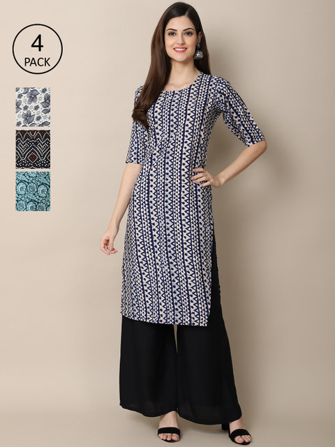 

Ethnic basket Women Pack of 4 Floral Printed Crepe Kurta, Blue