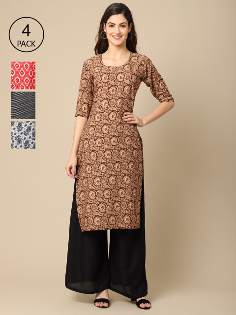 

Ethnic basket Women Pack Of 4 Block Print Crepe Kurta, Black