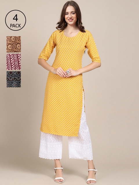

Ethnic basket Women Pack of 4 Block Print Crepe Kurta, Yellow