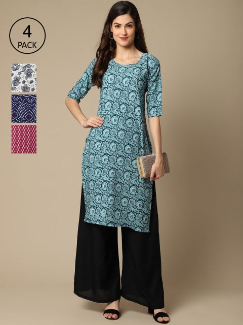 

Ethnic basket Women Pack of 4 White & Blue Floral Printed Crepe Kurta