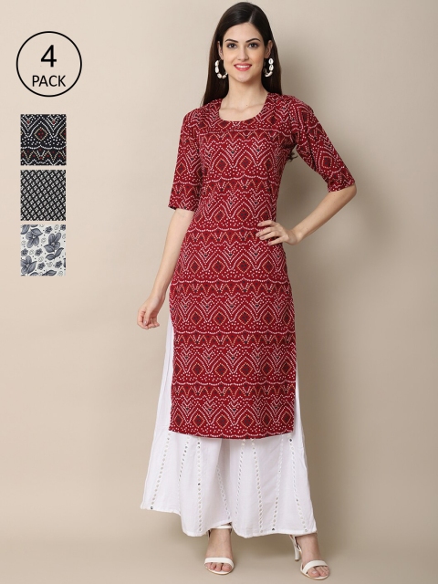 

Ethnic basket Women Pack Of 4 Floral Printed Crepe Straight Kurta, Black