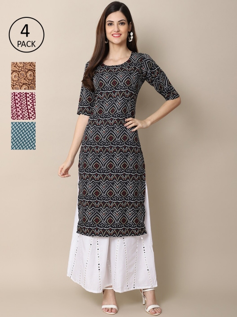 

Ethnic basket Pack of 4 Women Geometric Printed Crepe Kurta, Black