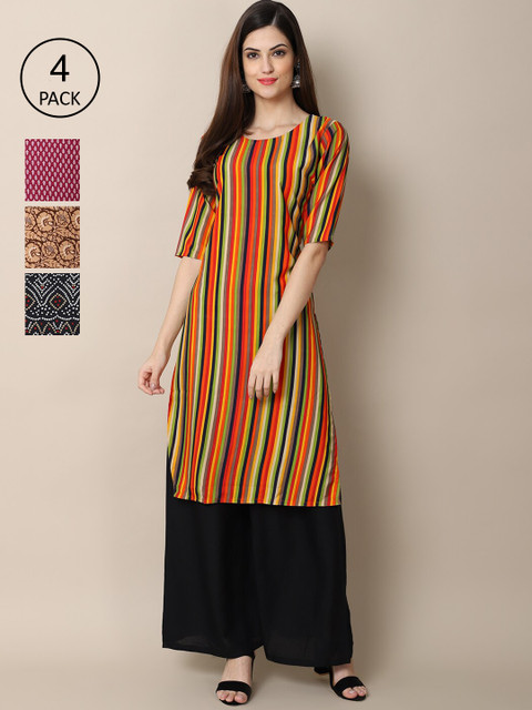 

Ethnic basket Women Pack of 4 Printed Crepe Kurtas, Maroon