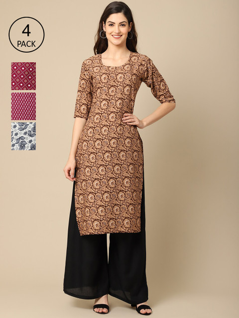 

Ethnic basket Women Pack Of 6 Ethnic Motifs Printed Block Print Crepe Kurta, Multi