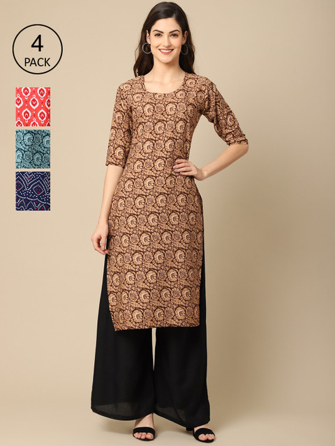 

Ethnic basket Stylish Women's Crepe Printed Straight Kurta (Pack of 4), Brown