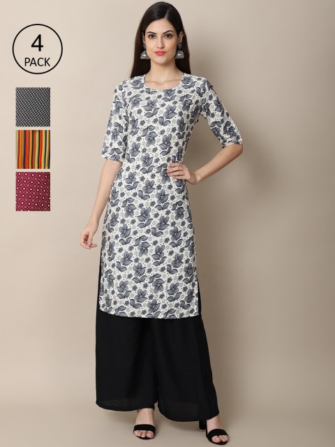 

Ethnic basket Women Multicoloured Pack Of 4 Geometric Printed Block Print Crepe Kurta, Multi