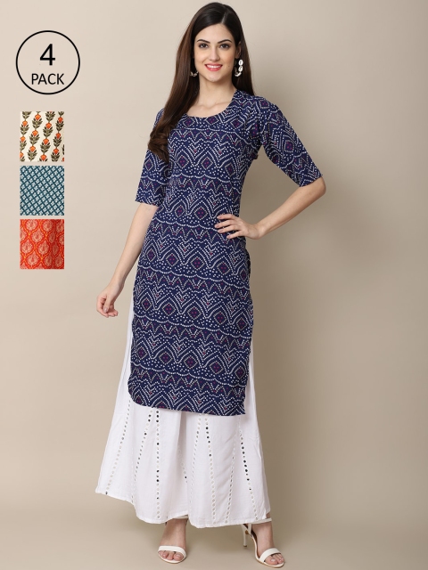 

Ethnic basket Women Pack of 4 Navy Blue & Beige Ethnic Motifs Printed Crepe Kurta