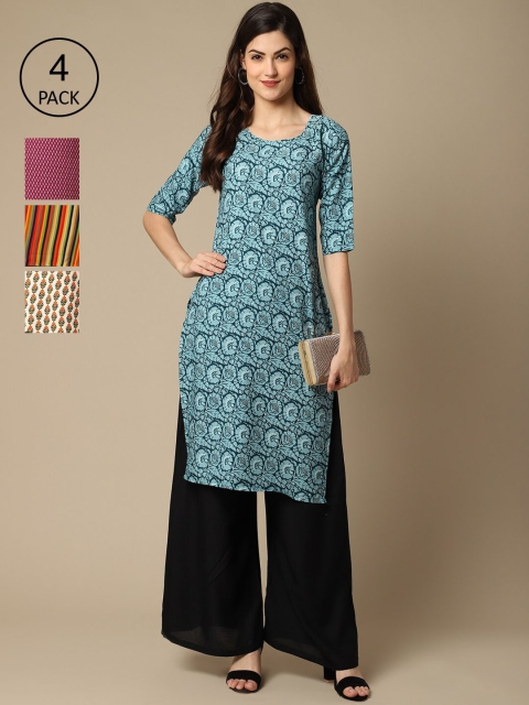 

Ethnic basket Women Pack Of 4 Printed Crepe Straight Kurta, Mustard