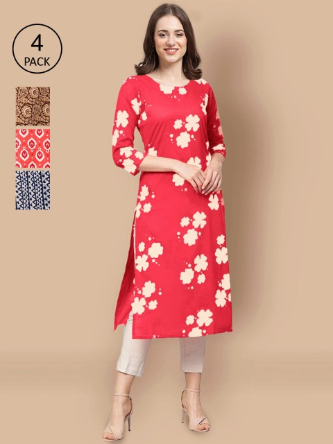 

Ethnic basket Pack of 4 Women Geometric Printed Crepe Kurta, Brown