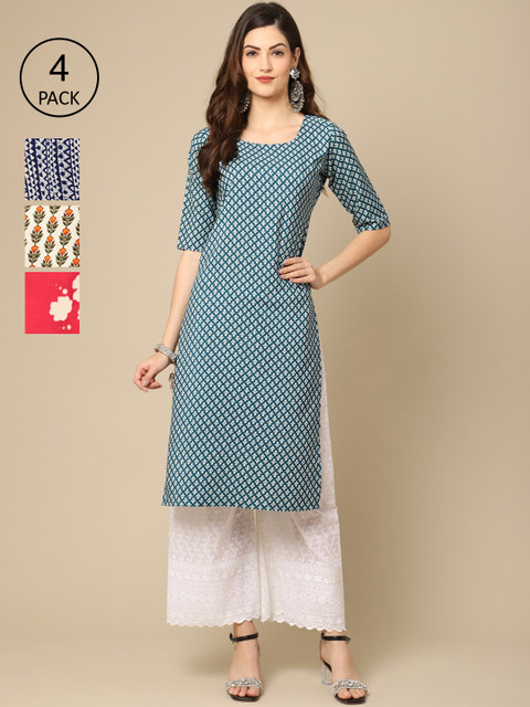 

Ethnic basket Women Pack of 4 Blue & Navy Blue Printed Crepe Kurta
