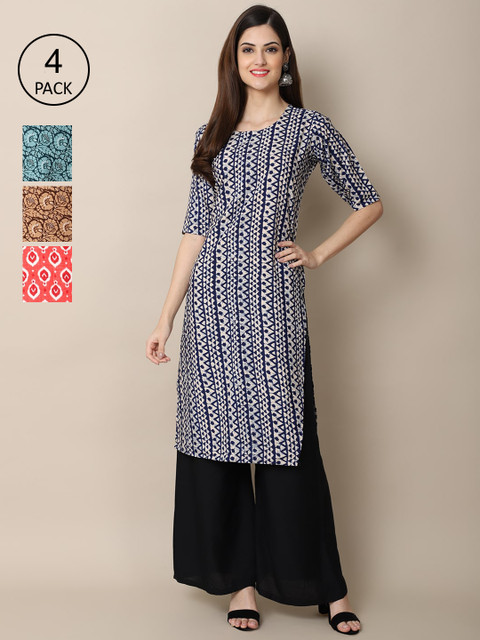 

Ethnic basket Women Pack of 4 Printed Crepe Kurtas, Blue