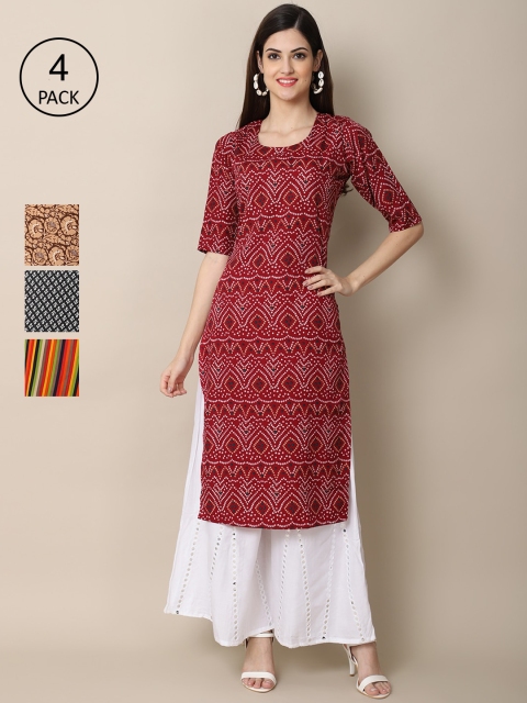 

Ethnic basket Women Pack of 4 Block Print Crepe Kurta, Maroon