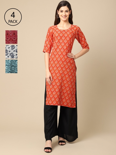 

Ethnic basket Women Pack of 4 Printed Crepe Kurtas, Orange