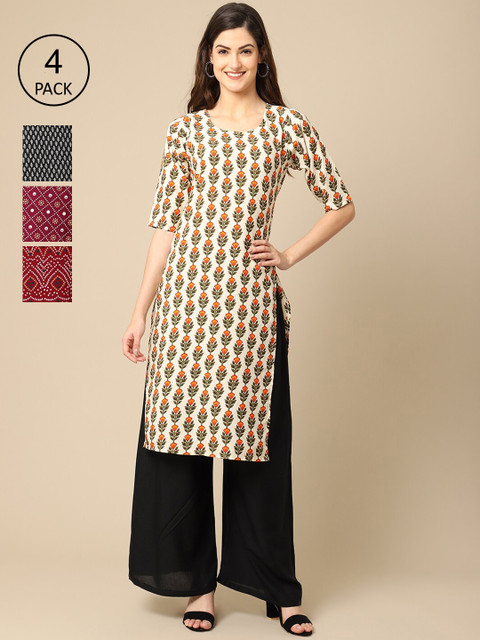 

Ethnic basket Women Pack Of 4 Geometric Printed Crepe Kurtas, Beige