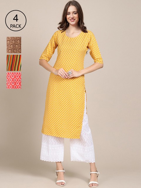

Ethnic basket Women Pack of 4 Printed Crepe Kurtas, Yellow