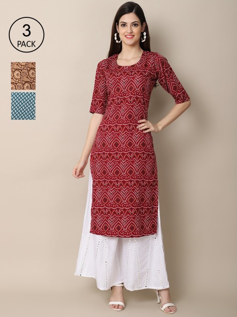 

Ethnic basket Women Pack Of 3 Ethnic Motifs Printed Block Print Crepe Kurta, Maroon