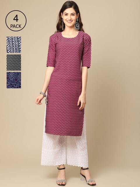 

Ethnic basket Stylish Women's Crepe Printed Straight Kurta (Pack of 4), Purple