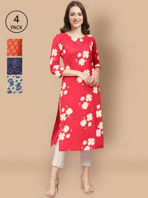 

Ethnic basket Women Pack of 4 Floral Printed Crepe Kurta, Red