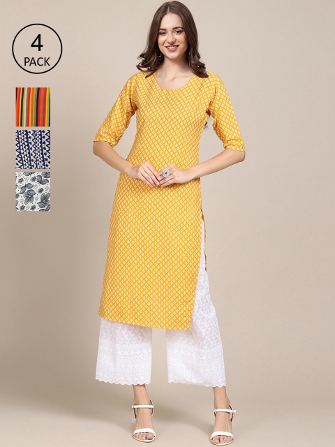 

Ethnic basket Women Pack Of 4 Floral Printed Crepe Kurta, Yellow
