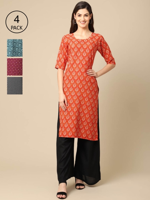 

Ethnic basket Women Pack Of 4 Block Print Crepe Kurta, Orange