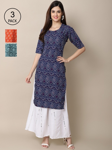 

Ethnic basket Women Blue & Orange Ethnic Motifs Printed Block Print Crepe Kurta