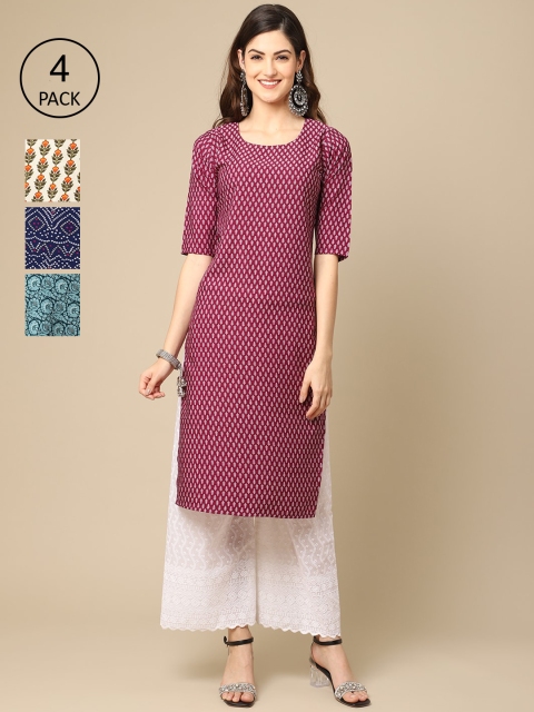 

Ethnic basket Women Pack Of 4 Floral Printed Crepe Straight Kurta, Maroon