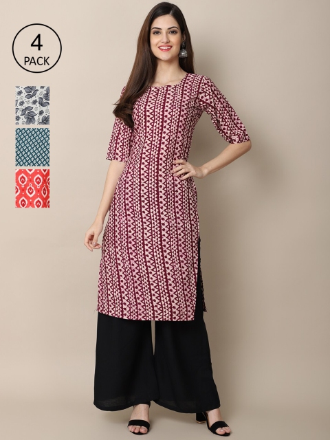 

Ethnic basket Women Pack of 4 Printed Crepe Straight Kurta, Grey