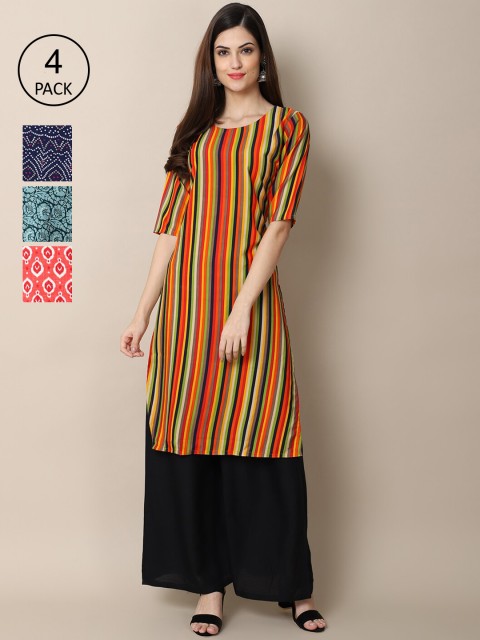 

Ethnic basket Pack of 4 Women Geometric Printed Crepe Kurta, Blue