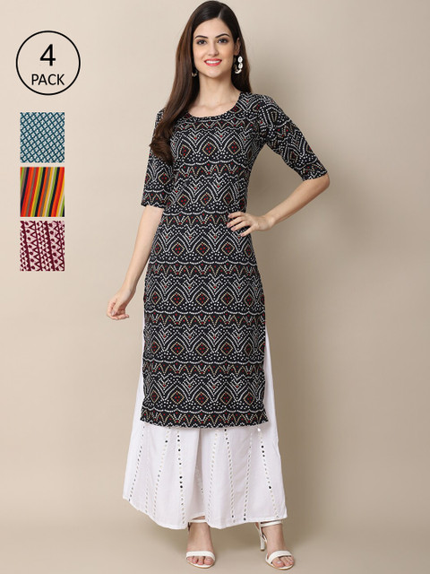 

Ethnic basket Women Pack of 4 Printed Crepe Kurtas, Black