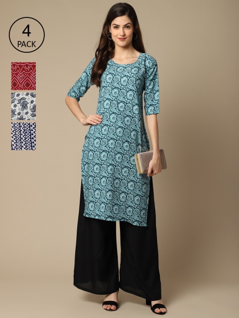 

Ethnic basket Women Pack of 4 Printed Crepe Kurtas, Blue