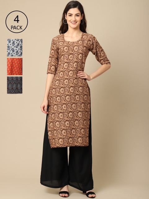 

Ethnic basket Women Pack Of 4 Ethnic Motifs Printed Block Print Crepe Kurta, Multi