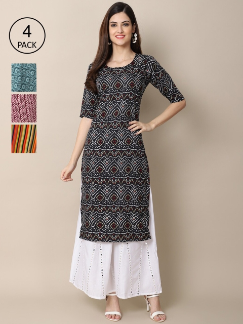 

Ethnic basket Women Pack of 4 Ethnic Motifs Printed Crepe Kurta, Black