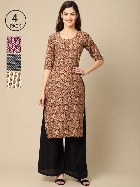 

Ethnic basket Women Pack Of 4 Block Print Crepe Kurta, Black