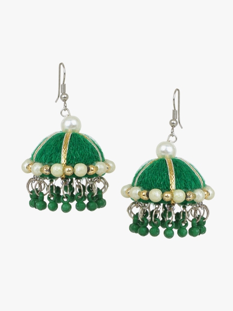

CARDINAL Green & White Silver-Plated Dome Shaped Jhumkas Earrings