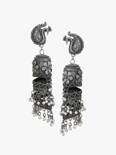 

CARDINAL White & Silver-Plated Peacock Shaped Oxidized Jhumkas Earrings