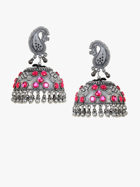 

CARDINAL Pink & Silver-Plated Dome Shaped Oxidized Jhumkas Earrings