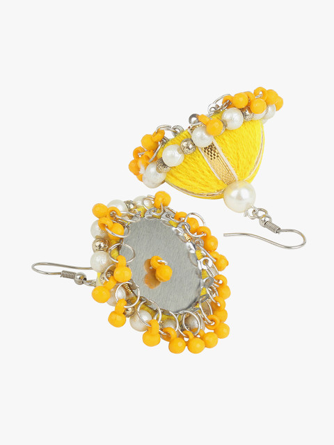 

CARDINAL Yellow & White Silver-Plated Dome Shaped Jhumkas Earrings