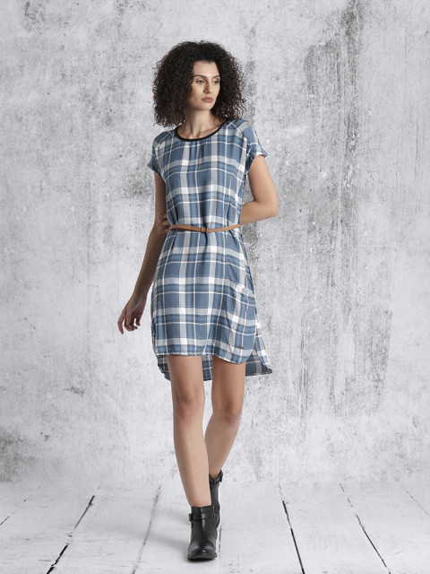 

Roadster Women Blue & White Checked A-Line Dress