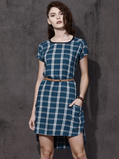 

Roadster Women Teal Blue & White Checked Shift Dress