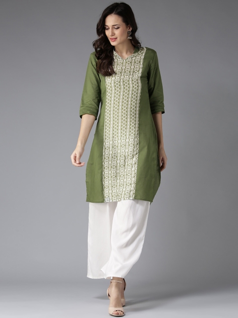 

HERE&NOW Women Olive Green Printed Straight Kurta