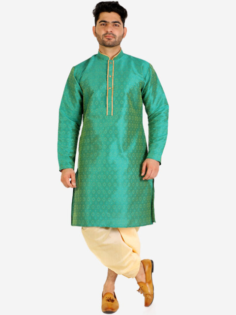 

Pro-Ethic STYLE DEVELOPER Men Pure Silk Kurta with Dhoti Pant Set, Green