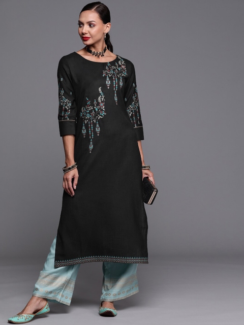 

KALINI Women Black Ethnic Foil Print Cotton Straight Kurta