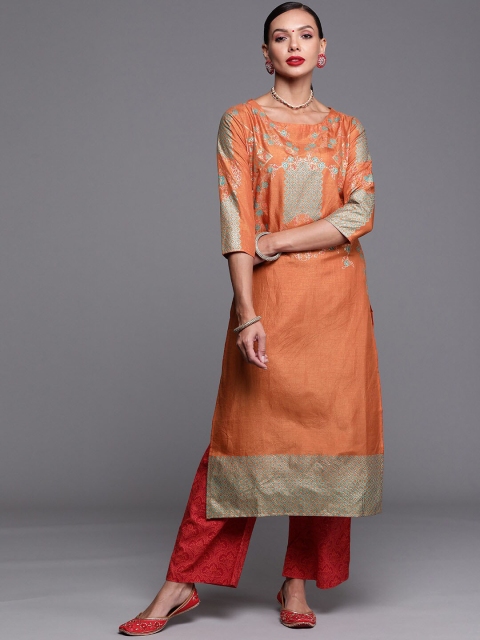 

KALINI Women Orange & Blue Foil Printed Straight Kurta
