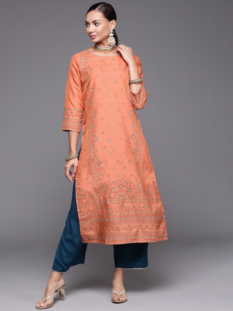 

KALINI Women Peach-Coloured Ethnic Motifs Embellished Straight Kurta