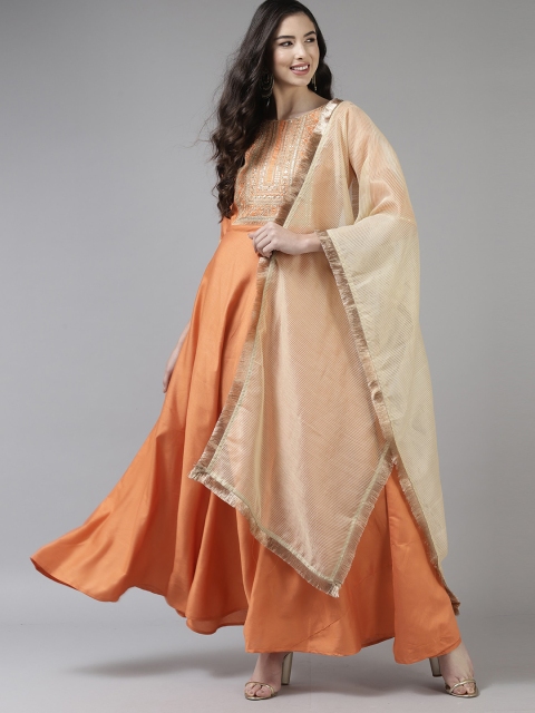 

KALINI Women Orange Yoke Design Liva Anarkali Kurta With Dupatta Set