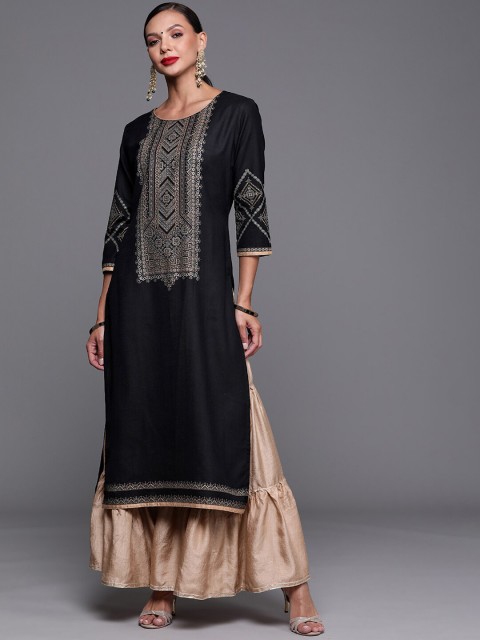 

KALINI Women Black Geometric Yoke Design Flared Sleeves Kurta