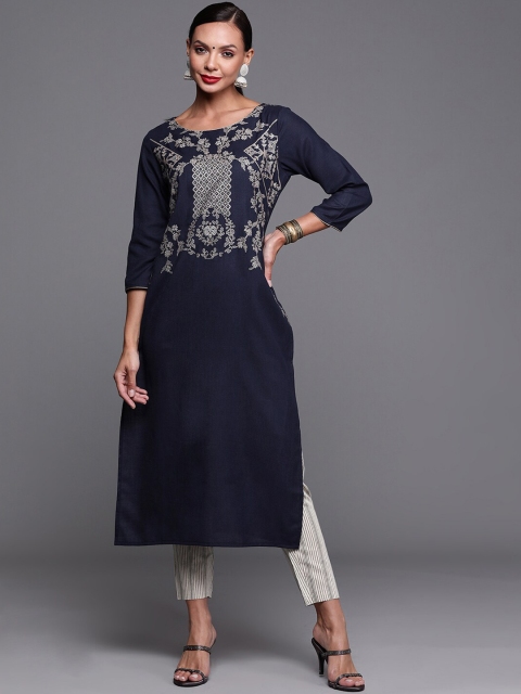 

KALINI Women Ethnic Motifs Yoke Design Thread Work Kurta, Navy blue