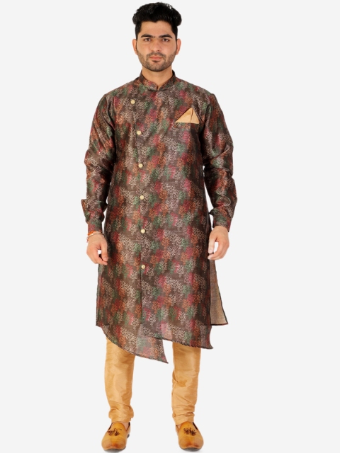 

Pro-Ethic STYLE DEVELOPER Men Printed Angrakha Pure Silk Kurta with Pyjamas, Brown